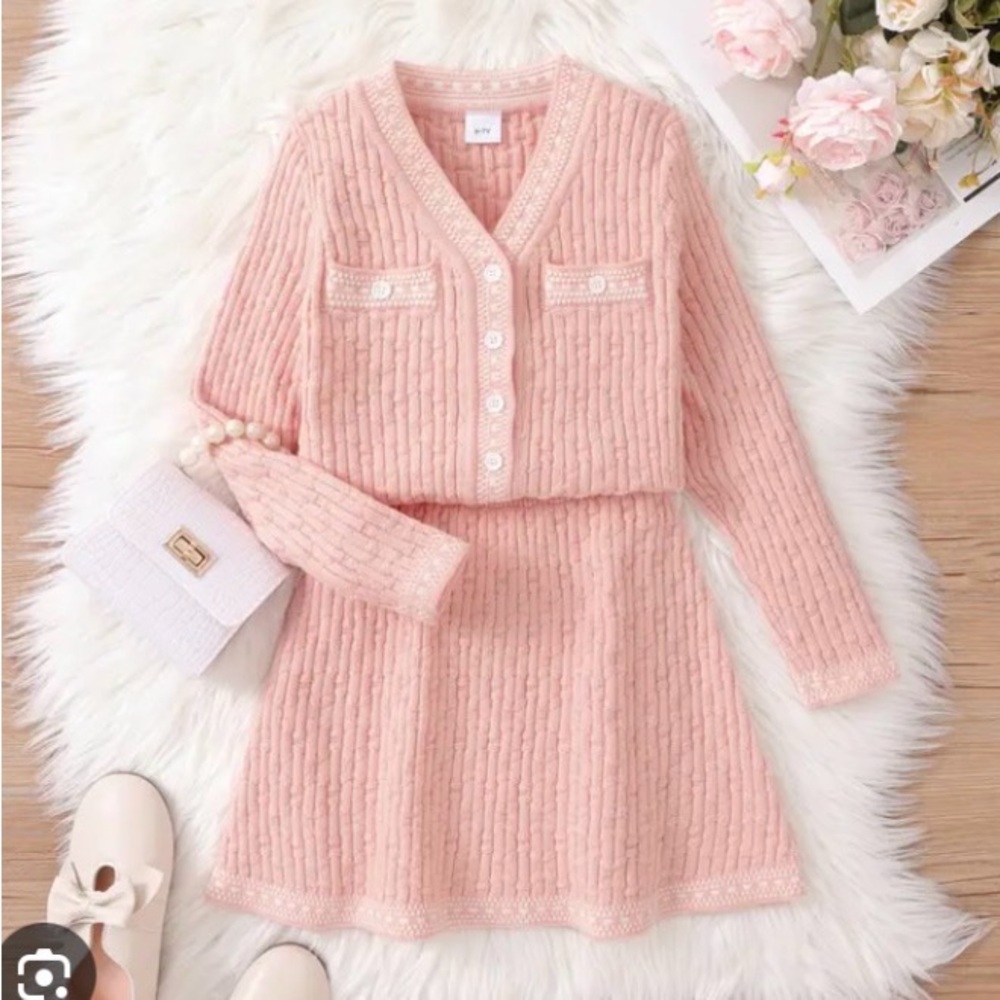 PatPat Girl Peach Knit Cardigan and Skirt Set, Size 4-5Y